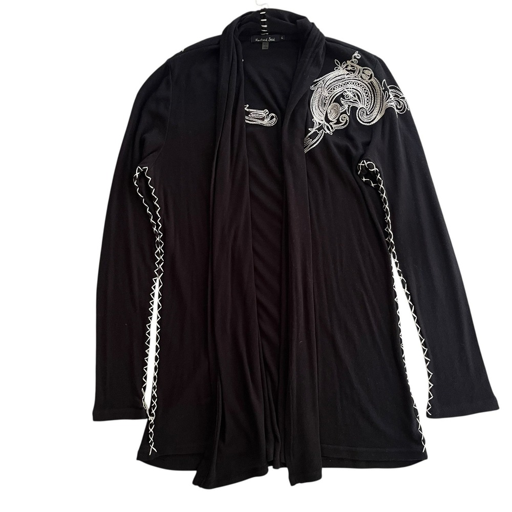 Mustard Seed Women L Black Embroider Paisley Wool Blend Open Frnt Cardigan A1123
